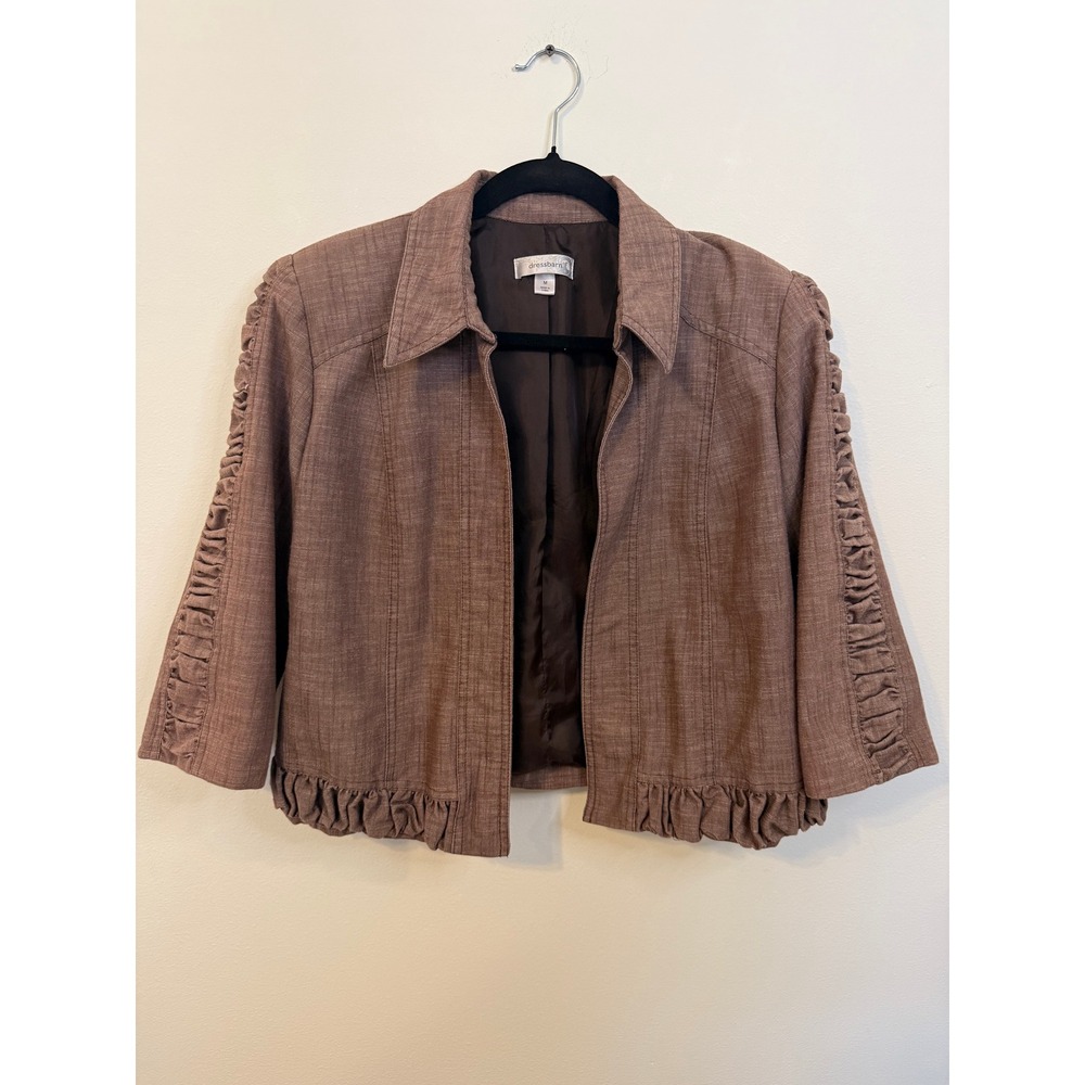 Dressbarn Cropped Jacket Women Med Brown Excellent Ruffle Ruched 3/4 Sleeve